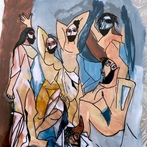 "Le Demoiselles En Quarantaine" Artwork, Mixed Media Painting 9x12 Picasso